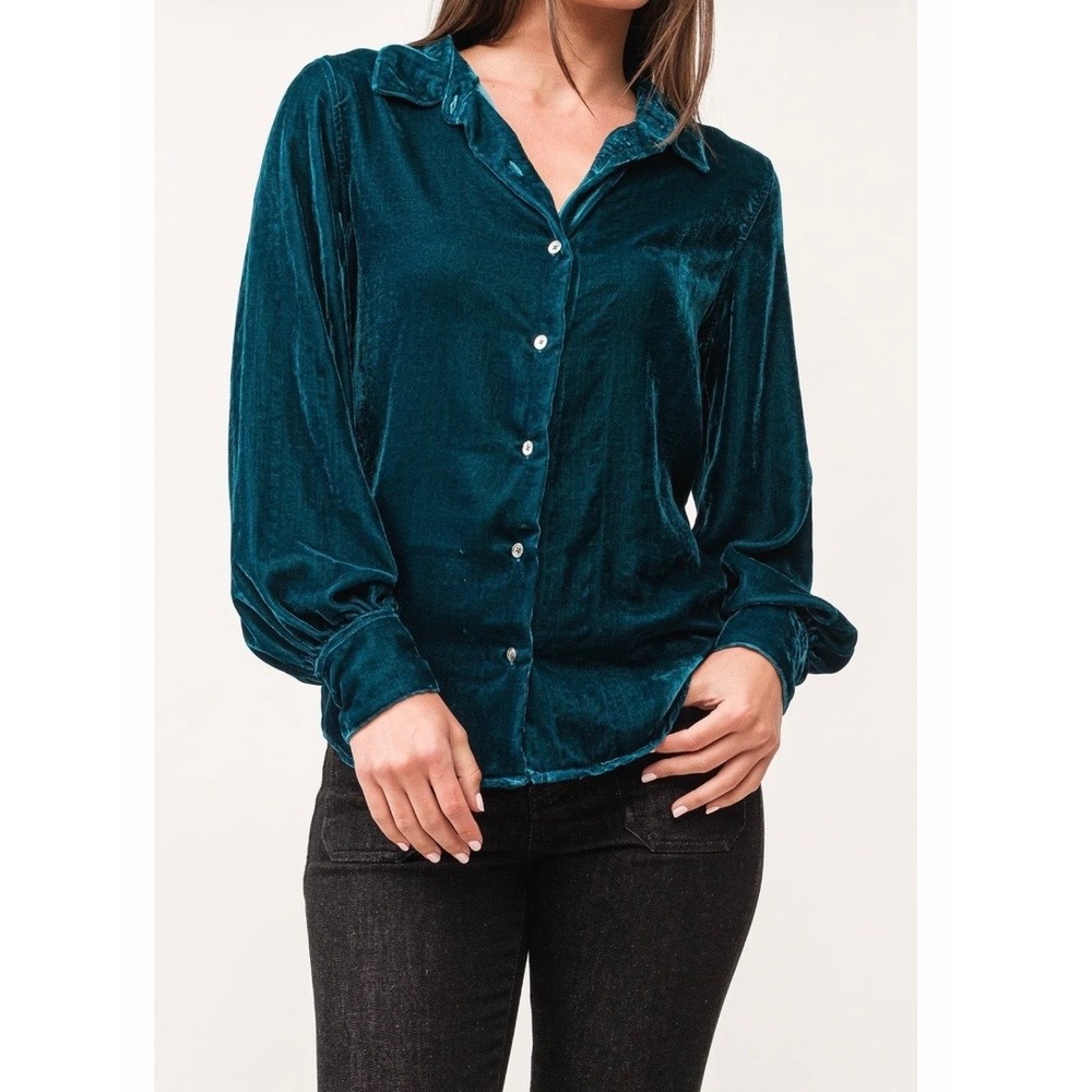NEW Dear John Mirabelle Collared Button Down Long Sleeve Deep Teal Velvet‎ Top M